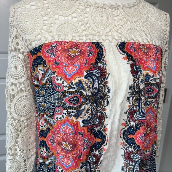 Lace Sleeve Tunic Top‎ Floral Print Bohemian Style Blouse - Picture 2 of 6